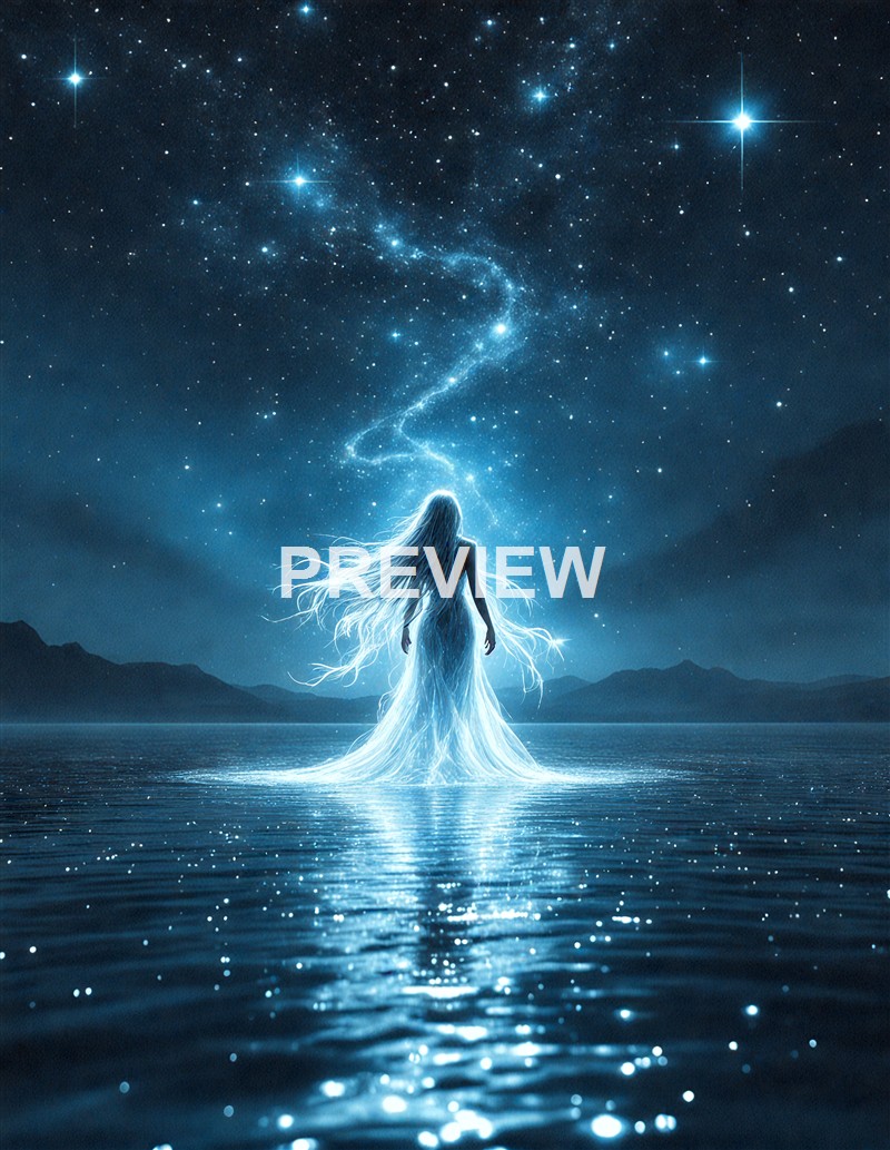 A mystical, glowing woman with long flowing hair standing in a body of water under a starry, cosmic sky with swirling galaxies and bright stars.
